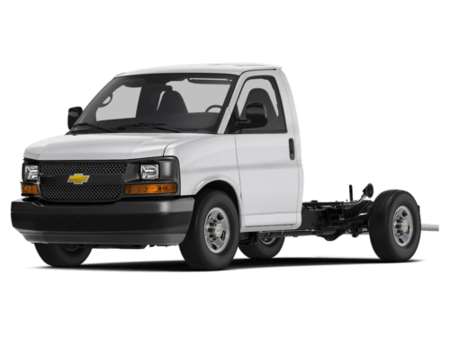 Angled white Chevy Express Cutaway