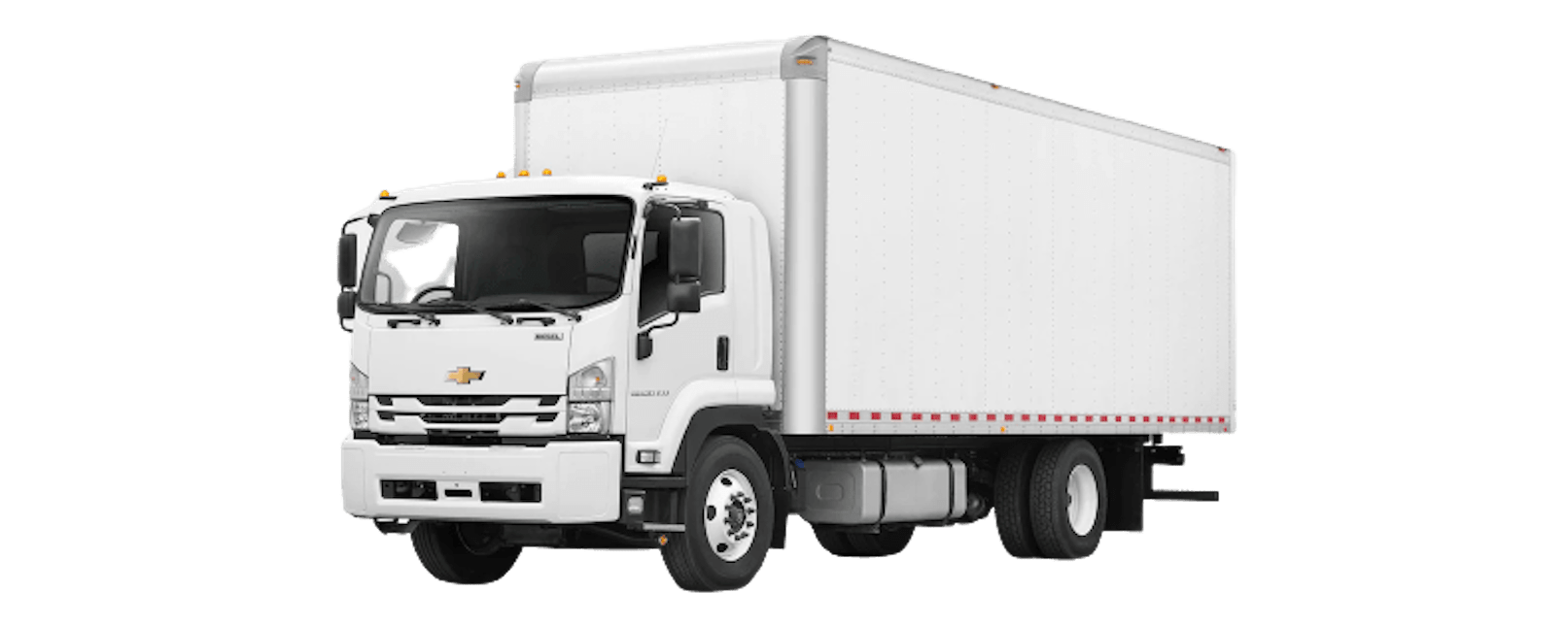 Angled white Chevy Low Cab Forward box truck
