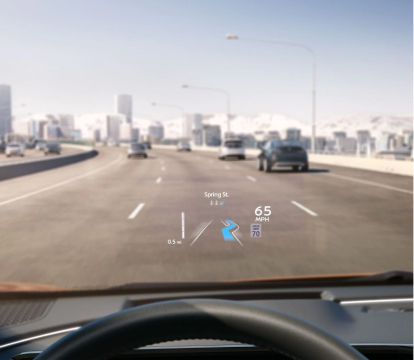 Heads up display showing directions and speed on the windshield of a 2023 Nissan Ariya